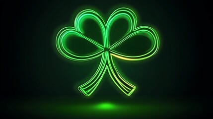 Poster -  St. Patrick's Day Glowing Green Four-Leaf Clover with Sparkling Particles on Dark Background

