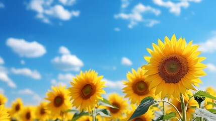 Wall Mural - Sunflower field with cloudy blue sky. Sunflower landscape