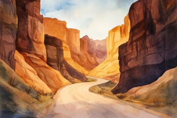 Aufkleber - Scenic winding road through vibrant canyons under a clear sky in the warm light of sunset. Generative AI
