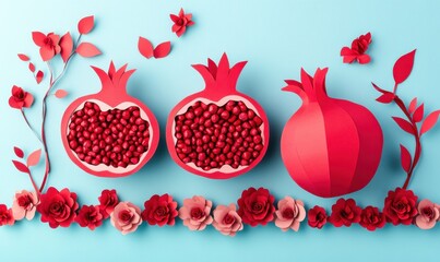 Wall Mural - Colorful paper art display of pomegranates and flowers on a blue background, showcasing creativity