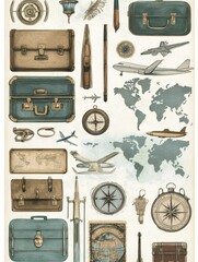 Fototapete - Travel themed stickers featuring suitcases, maps, compasses, and planes for decorating personal belongings or travel journals. Generative AI