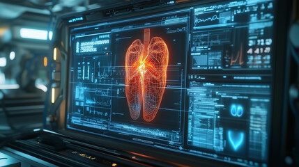 Poster - digital display in futuristic medical setting shows detailed analysis of human lungs, highlighting advanced technology and data visualization