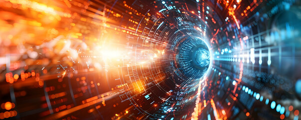 Poster - Futuristic digital tunnel with vibrant lights and data streams in motion