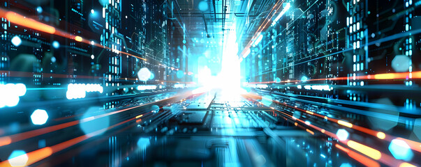 Poster - Futuristic digital tunnel with glowing lights and data streams in motion