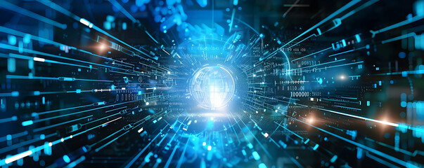 Poster - futuristic digital landscape with glowing data streams and a central light source