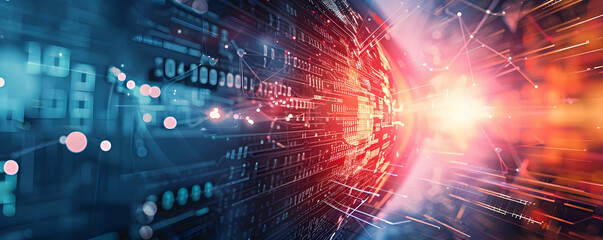 Poster - dynamic abstract illustration of digital data flow with vibrant light effects