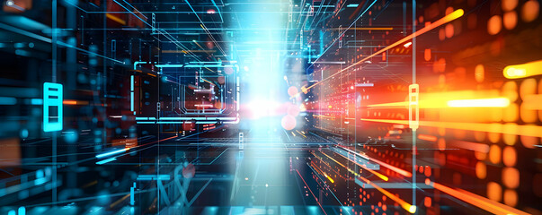 Poster - Futuristic digital landscape with vibrant light trails and abstract structures
