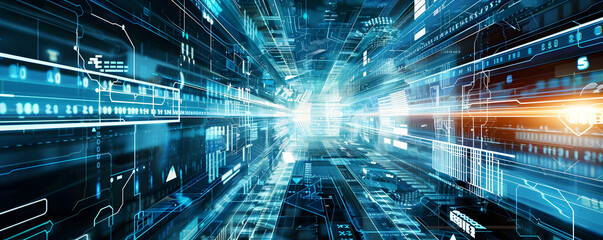 Poster - futuristic digital landscape with data streams and glowing light effects
