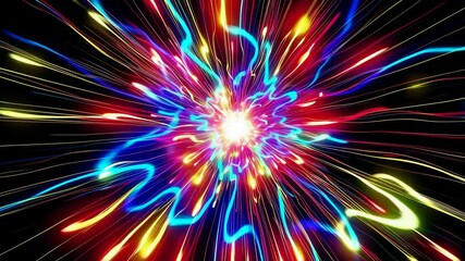 Poster - Vibrant explosion of colorful light rays on black background, abstract energy concept