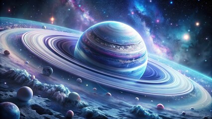 Wall Mural - a celestial tapestry a ringed planet's majesty, surrounded by moons and cosmic dust in a vibrant neb