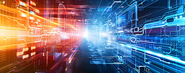 Fototapete - Abstract digital technology background with glowing lines and data streams