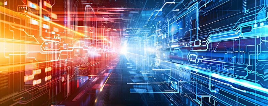 Abstract digital technology background with glowing lines and data streams