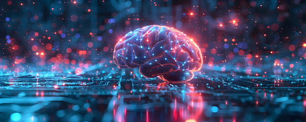 Poster - Futuristic digital brain illuminated with neon lights on a tech-inspired background