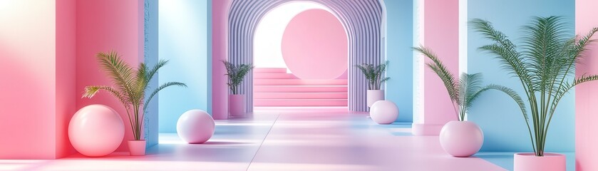 Poster - A vibrant, modern interior featuring pink and blue hues, arches, and decorative plants, creating a stylish, inviting atmosphere.