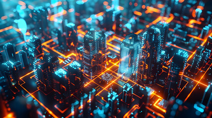 Poster - Futuristic cityscape with glowing neon lights and intricate circuitry design