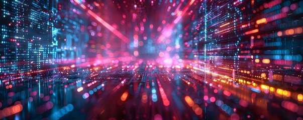 Fototapete - Vibrant digital abstract background with colorful light trails and data streams