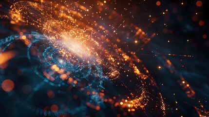 Poster - Abstract digital cosmic background with glowing particles and swirling light