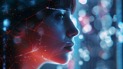 Poster - Profile of a woman with digital overlays in a futuristic setting, glowing lights
