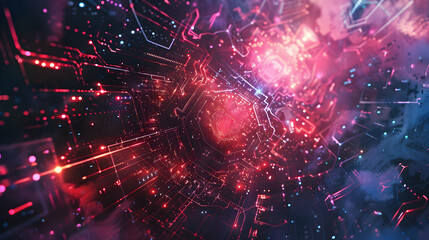 Fototapete - Abstract digital vortex with vibrant colors and glowing circuitry elements