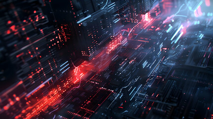 Fototapete - Futuristic digital landscape with glowing circuits and data streams in motion