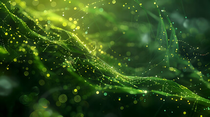 Fototapete - Abstract green wave of light particles flowing through a digital landscape