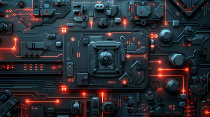 Poster - abstract close-up of a futuristic circuit board with glowing red elements