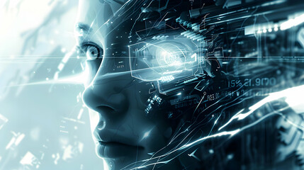 Poster - Futuristic portrait of a cyborg with glowing circuitry and digital elements