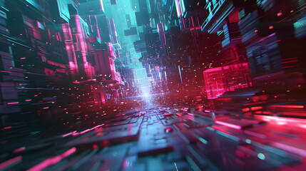 Fototapete - Futuristic digital landscape with glowing neon structures and dynamic motion