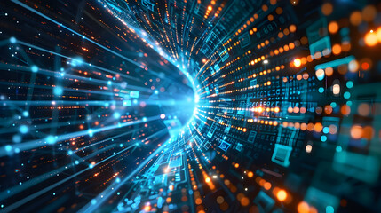 Fototapete - Abstract digital tunnel with glowing particles and data streams in motion