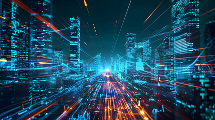 Poster - Futuristic cityscape with vibrant neon lights and dynamic motion effects