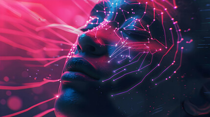 Poster - Ethereal portrait of a woman with digital overlays in vibrant colors, evoking a futuristic atmosphere