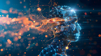 Poster - Futuristic digital human profile with vibrant energy flow and abstract background