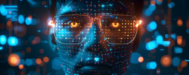 Fototapete - Futuristic portrait of a person with glowing eyes surrounded by digital data