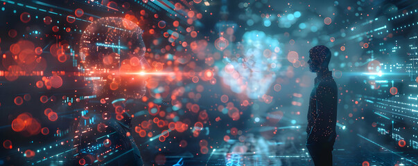 Fototapete - A person interacting with a digital interface in a futuristic environment