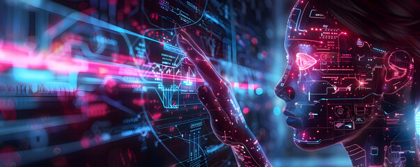 Fototapete - Futuristic interface interaction with a digital human figure in a tech environment