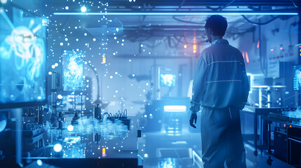 Poster - Scientist observing glowing data in a futuristic laboratory with advanced technology
