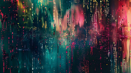 Fototapete - Abstract digital art with vibrant colors and patterns resembling a cityscape at night