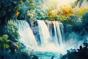 Poster - Majestic waterfall cascading into a serene pool surrounded by vibrant greenery and soft mist in a tranquil nature setting. Generative AI