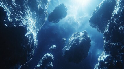 Wall Mural - mystical underwater scene with floating rocks and light beams
