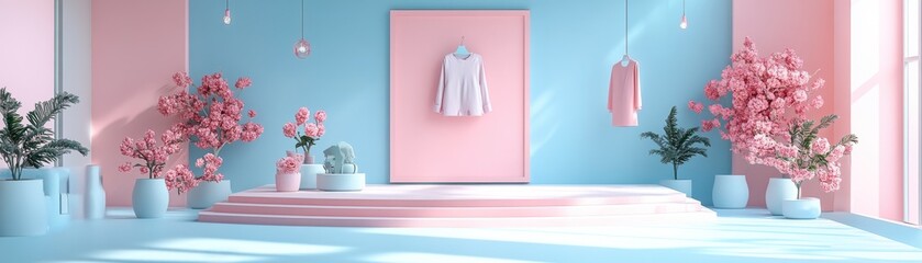 Poster - A stylish interior with pink and blue hues, featuring floral decor and minimalist clothing displays, creating a modern, serene atmosphere.