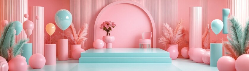 Poster - A vibrant pastel-themed interior with pink and mint elements, featuring balloons, pillars, and a decorative flower arrangement on a stage.
