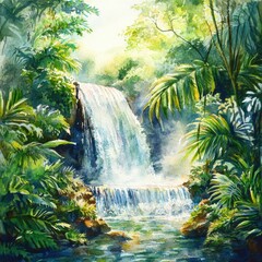 Poster - Waterfall cascading through lush tropical foliage in a serene natural setting during daylight hours. Generative AI