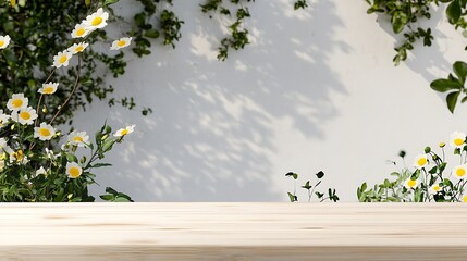 Wall Mural - A Beautiful Wooden Table Surrounded by Colorful Blossoms in a Serene Garden