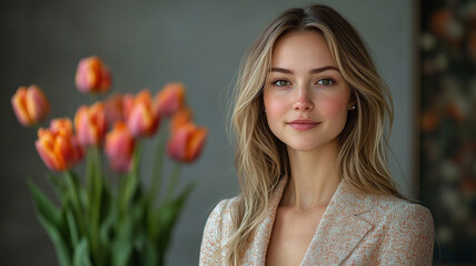 Wall Mural - A young woman on the background of a bouquet of tulips. Spring, International Women's Day on March 8th.