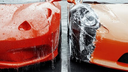 Poster - Side by side comparison of a scratched and dirty car with a shiny polished vehicle showcasing different levels of car care. Generative AI