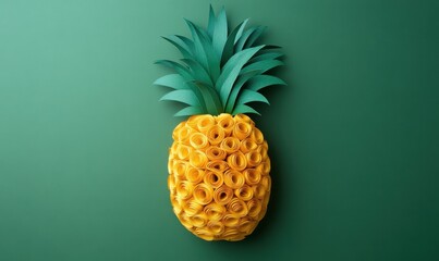 Wall Mural - Vibrant paper-crafted pineapple with lush green leaves against a solid green backdrop, ideal for creative design