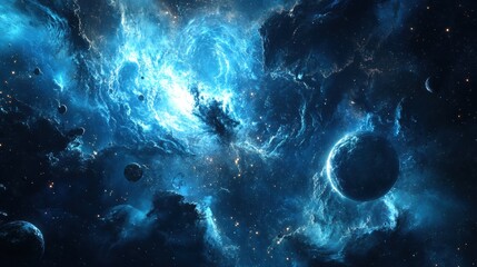 Poster - Exploring cosmic wonders with vibrant blue galaxies and celestial bodies in a stunning space backdrop. Generative AI