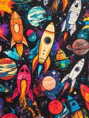 Poster - Colorful space themed stickers featuring rockets, planets, and stars in a vibrant cosmic design ideal for creative projects. Generative AI