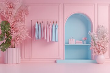 Wall Mural - A stylish, pastel-colored interior featuring a clothing rack, archway, and vibrant plants, creating a modern, aesthetic space.