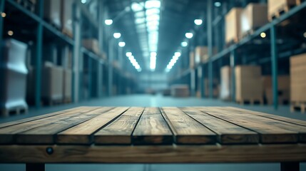 Wall Mural - Empty wooden table and blurred warehouse background, product display montage.